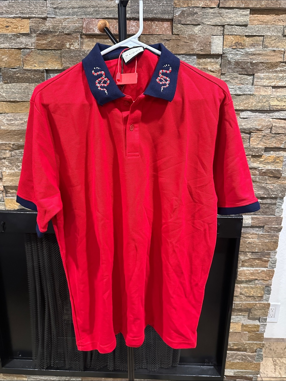 Men's Red Polo with Navy Trim and Embroidered Collar size M
